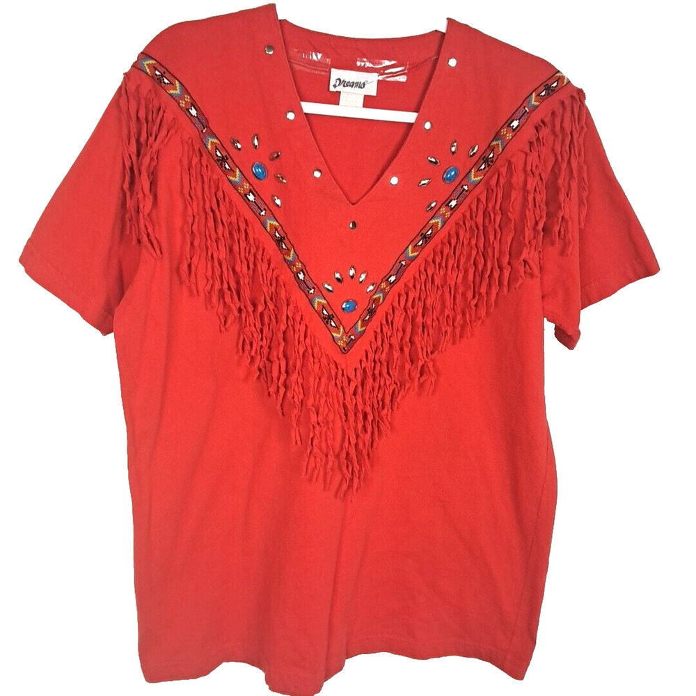 Vintage 80s 90s Southwestern Turquoise Studded Fringed T-Shirt XL Red Western